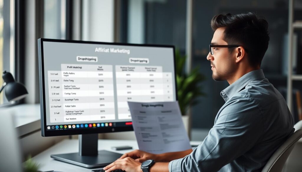 Business person analyzing Affiliate Marketing vs Dropshipping 2025 metrics on computer Business person analyzing Affiliate Marketing vs Dropshipping 2025 metrics on computer