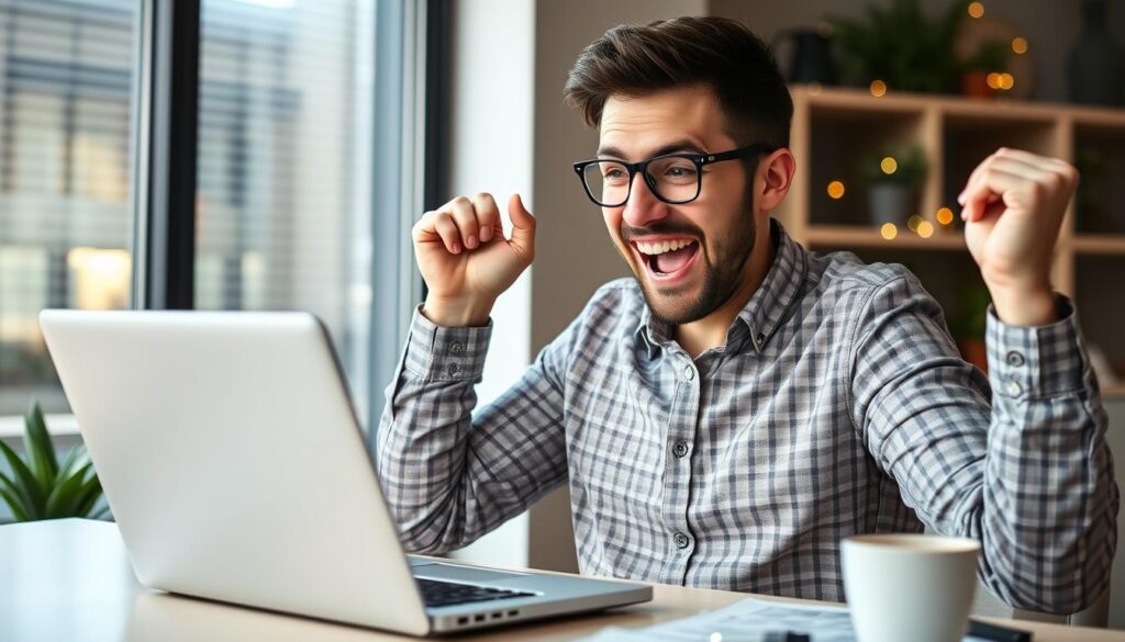 Person celebrating affiliate marketing success with laptop showing earnings Person celebrating affiliate marketing success with laptop showing earnings