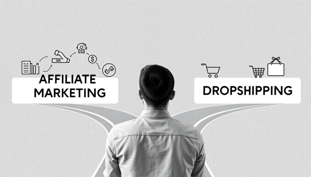 Person making decision between affiliate marketing and dropshipping paths in 2025 Person making decision between affiliate marketing and dropshipping paths in 2025