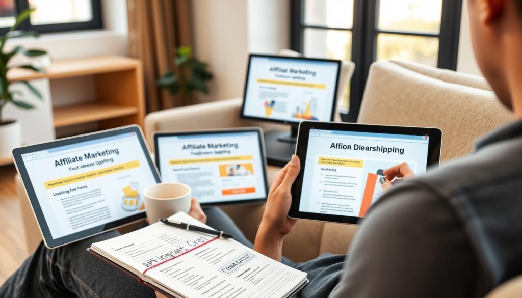 Person researching Affiliate Marketing vs Dropshipping 2025 options on multiple devices Person researching Affiliate Marketing vs Dropshipping 2025 options on multiple devices
