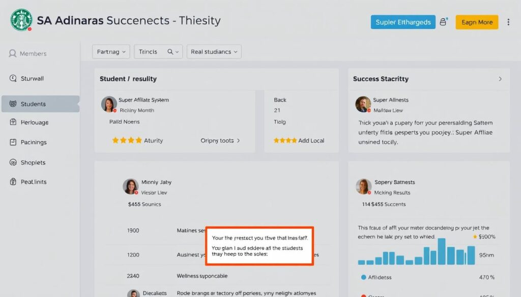 Super Affiliate System dashboard showing student results and testimonials Super Affiliate System dashboard showing student results and testimonials