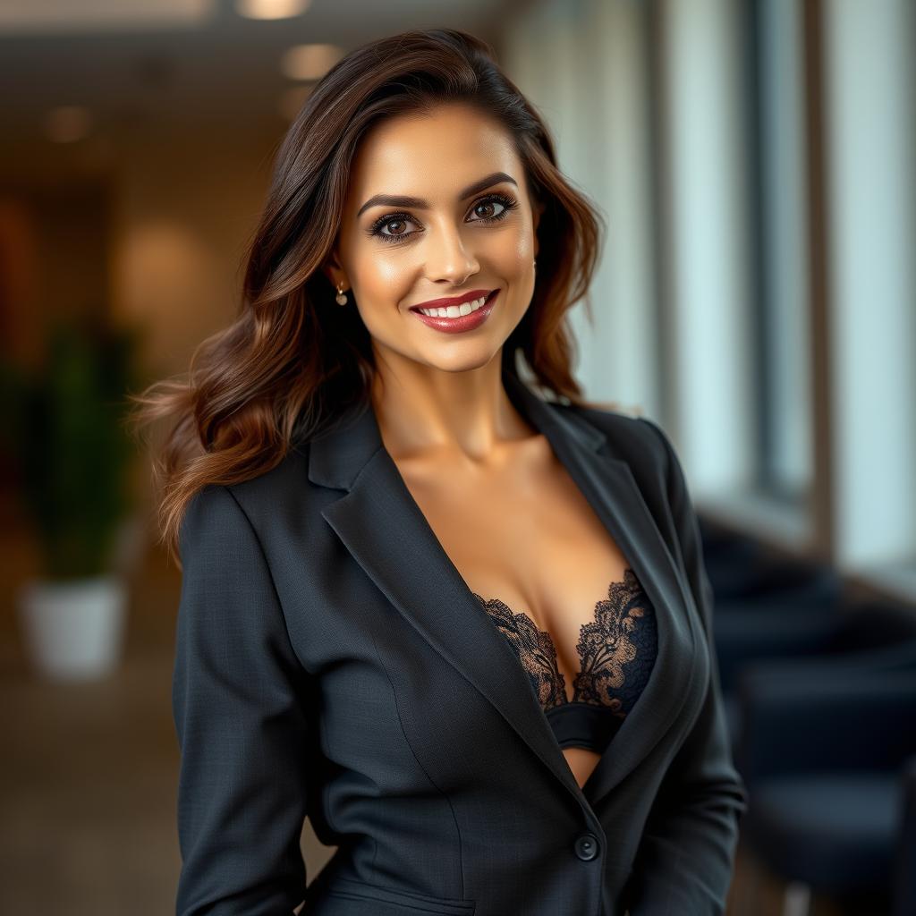Confident British woman in professional setting wearing comfortable lingerie underneath business attire Confident British woman in professional setting wearing comfortable lingerie underneath business attire