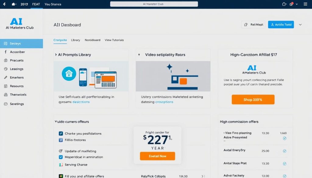 AI Marketers Club dashboard showing prompt library and affiliate marketing tools AI Marketers Club dashboard showing prompt library and affiliate marketing tools