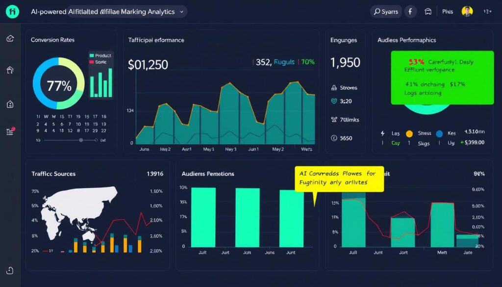 AI dashboard showing affiliate marketing campaign optimization with conversion metrics and ROI analysis AI dashboard showing affiliate marketing campaign optimization with conversion metrics and ROI analysis