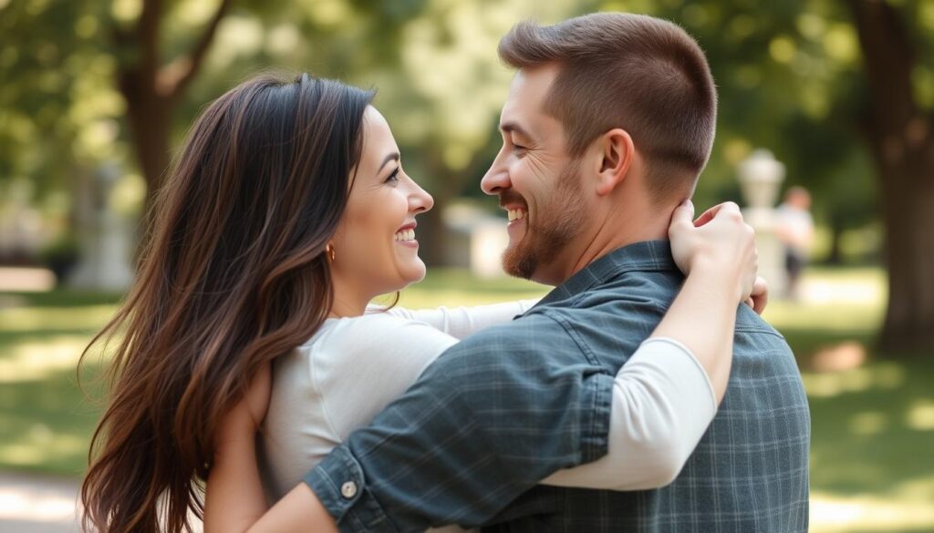 Happy couple embracing, showing the end result of learning how to make him obsessed with you Happy couple embracing, showing the end result of learning how to make him obsessed with you