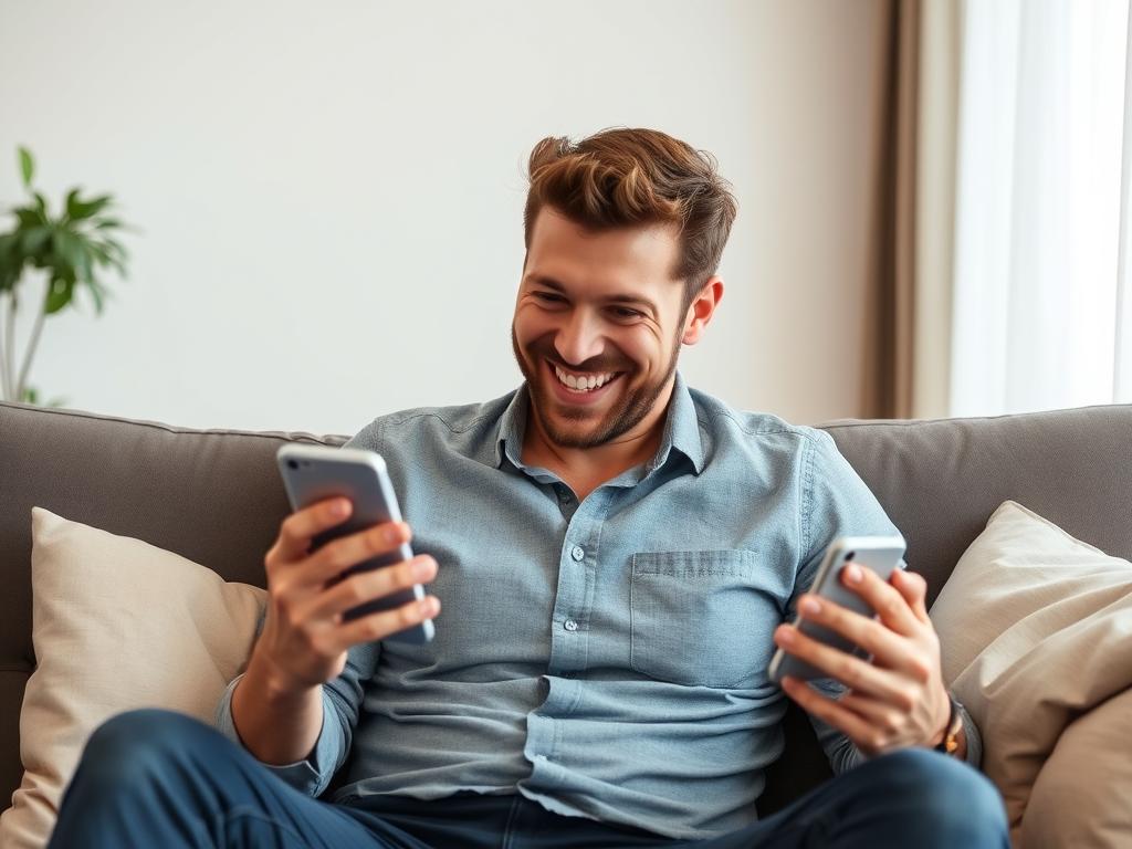 Man texting eagerly on phone, showing the results of techniques to make him obsessed with you Man texting eagerly on phone, showing the results of techniques to make him obsessed with you