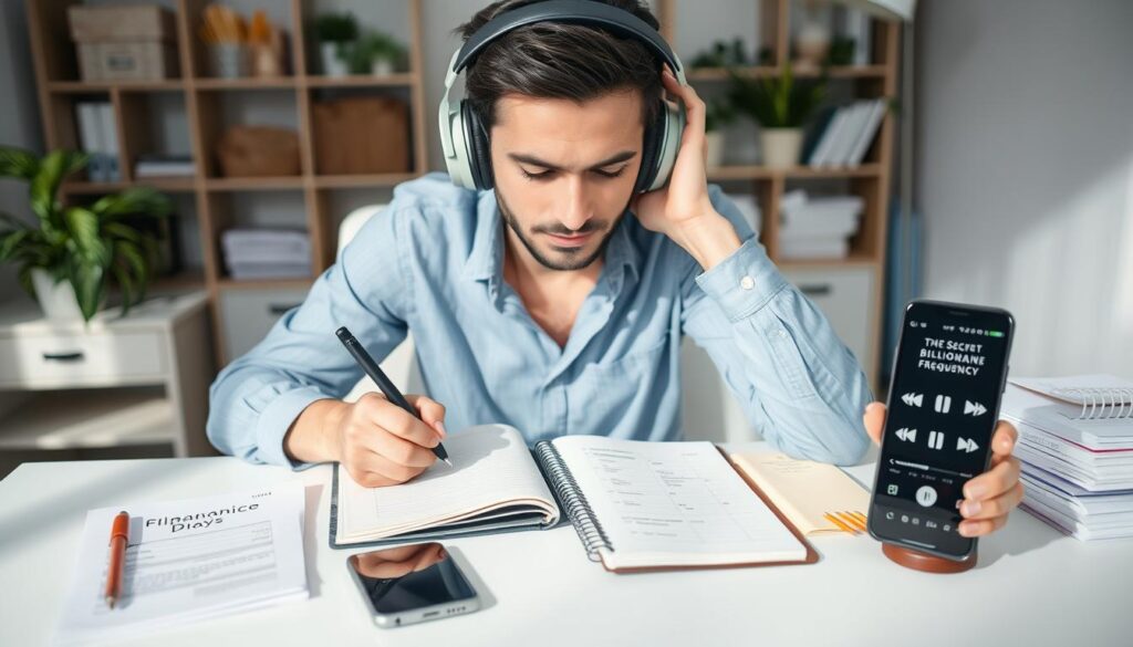 Person listening to Secret Billionaire Frequency while planning finances Person listening to Secret Billionaire Frequency while planning finances