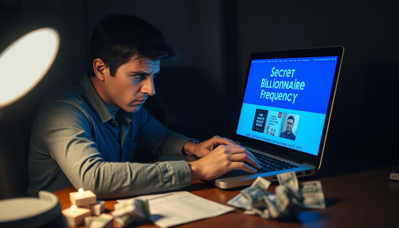 Person looking at Secret Billionaire Frequency website on laptop at night