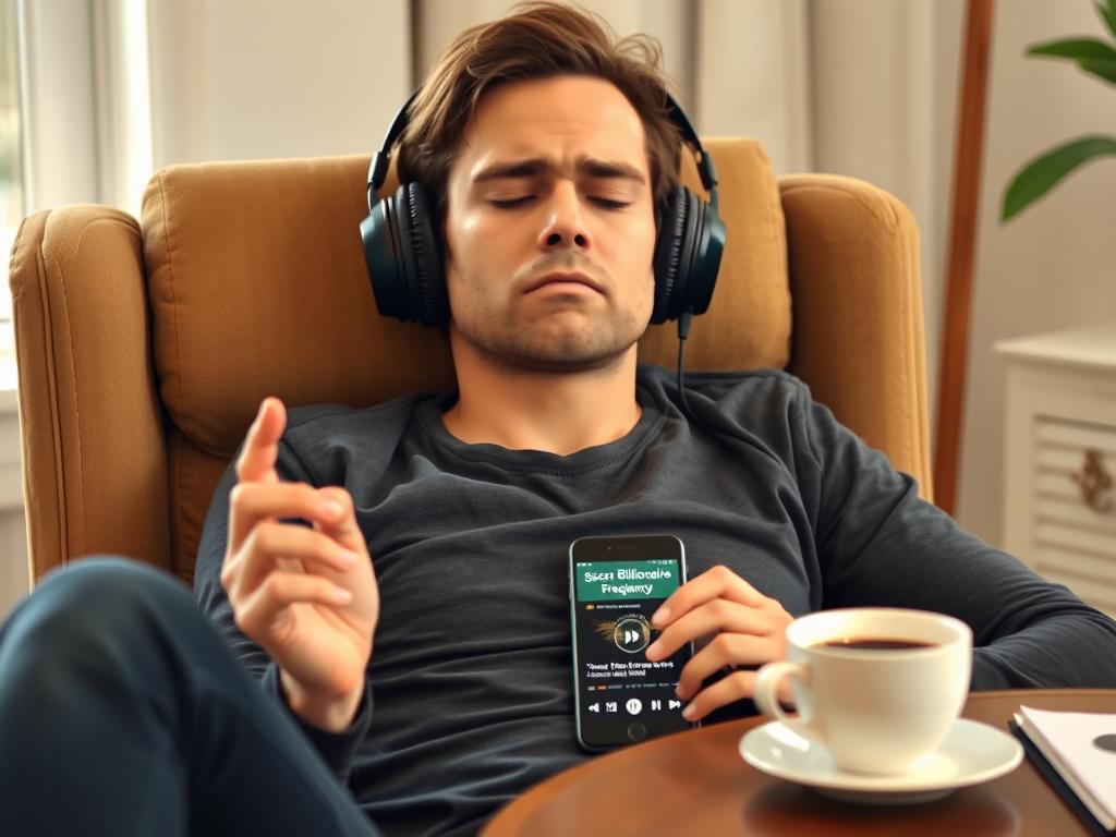 Person with headphones listening to Secret Billionaire Frequency audio Person with headphones listening to Secret Billionaire Frequency audio