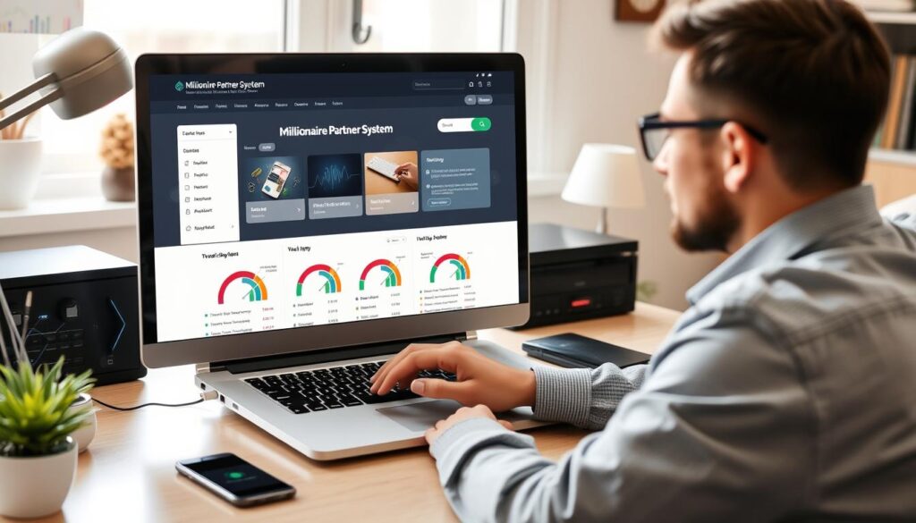 Person working on laptop with Millionaire Partner System dashboard visible Person working on laptop with Millionaire Partner System dashboard visible