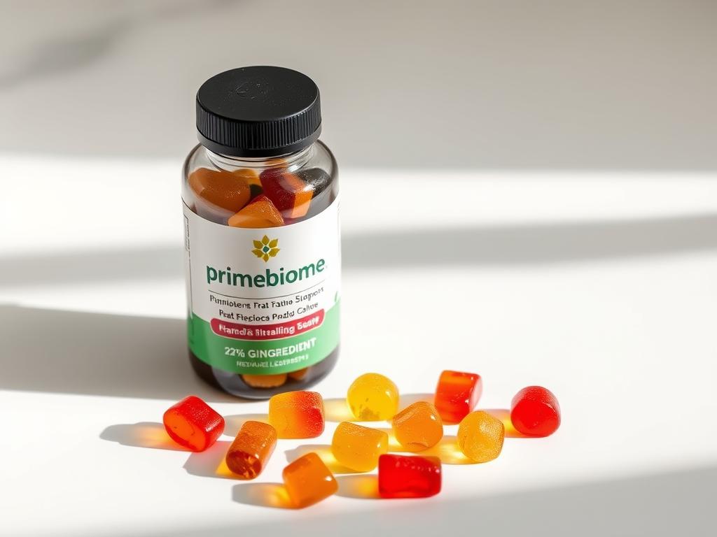 PrimeBiome bottle and gummies displayed with ingredient highlights PrimeBiome bottle and gummies displayed with ingredient highlights