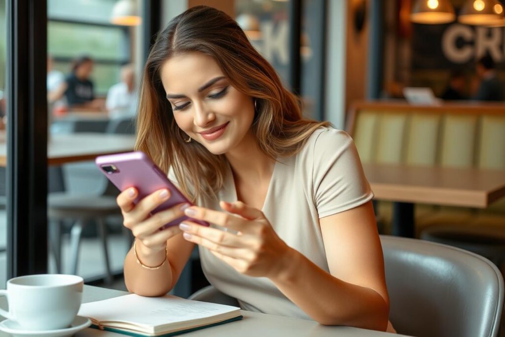Woman confidently setting boundaries on her phone, a key step to make him obsessed with you Woman confidently setting boundaries on her phone, a key step to make him obsessed with you