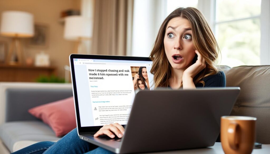 Woman discovering the Wrap Him Around Your Finger guide on her laptop, beginning her journey to make him obsessed with you Woman discovering the Wrap Him Around Your Finger guide on her laptop, beginning her journey to make him obsessed with you
