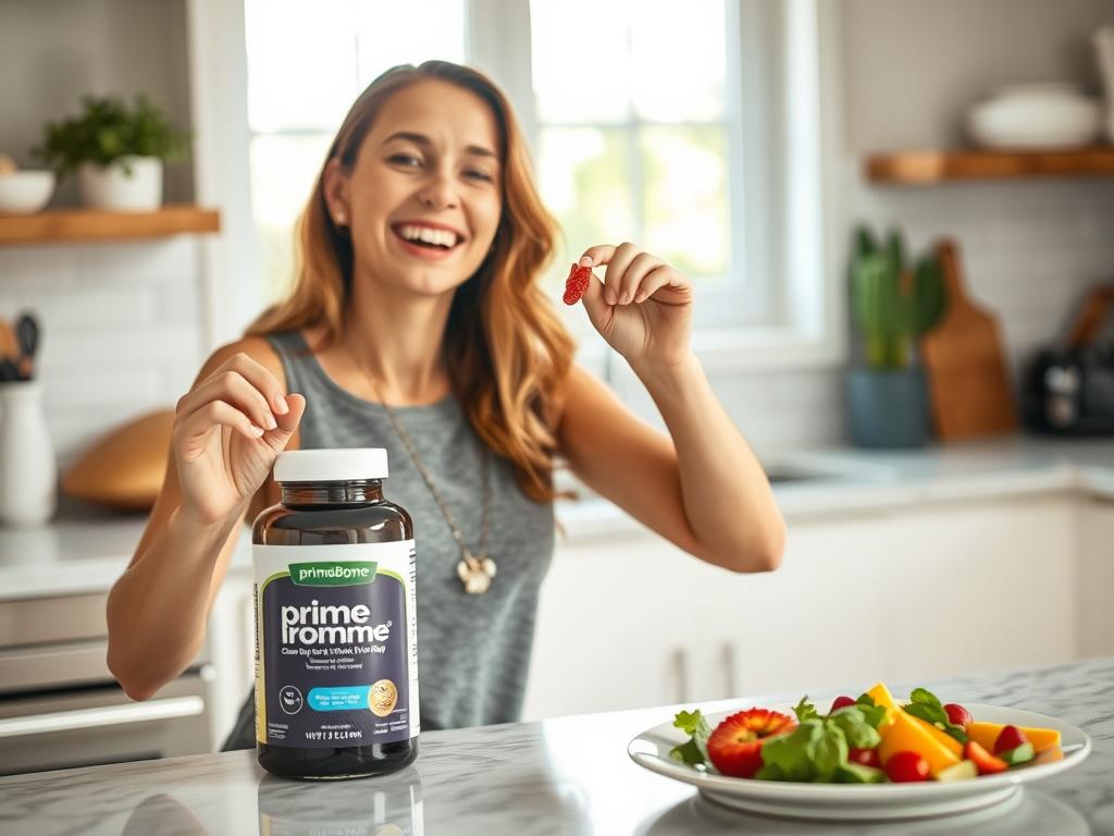 Woman happily taking PrimeBiome gummy as part of morning routine Woman happily taking PrimeBiome gummy as part of morning routine