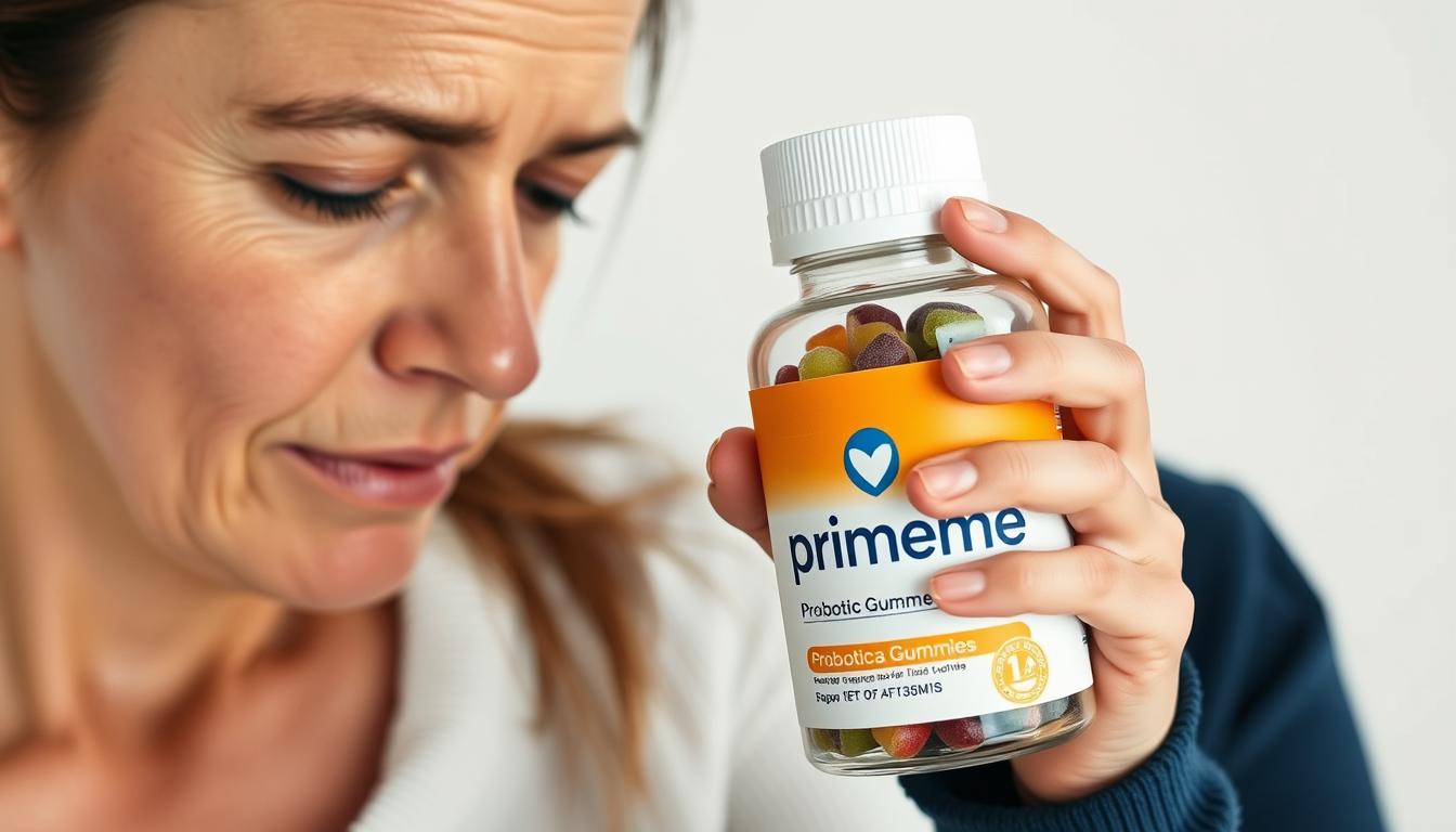 Woman holding PrimeBiome gummy bottle with a look of hope on her face