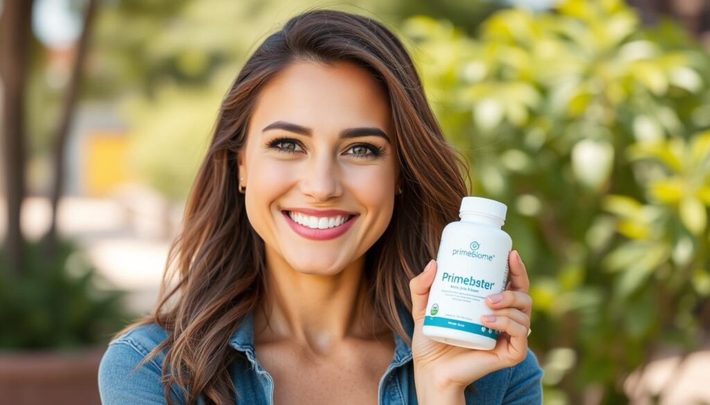 Woman smiling confidently with clear skin and holding PrimeBiome bottle Woman smiling confidently with clear skin and holding PrimeBiome bottle