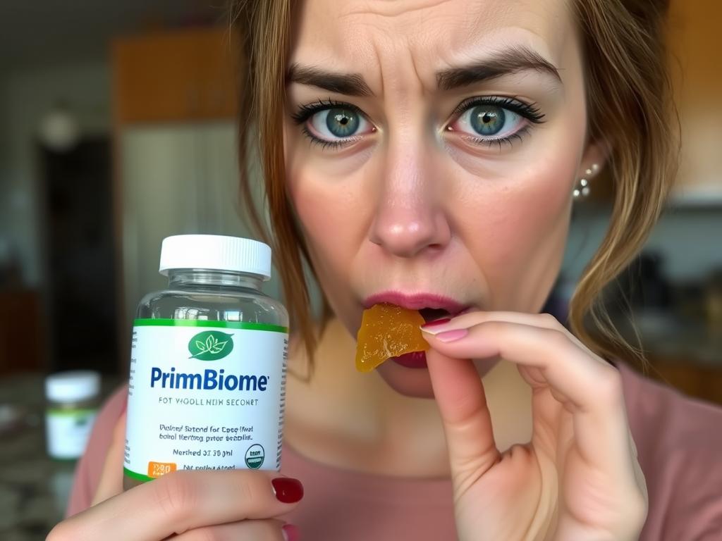 Woman taking PrimeBiome gummy with a slightly skeptical expression Woman taking PrimeBiome gummy with a slightly skeptical expression