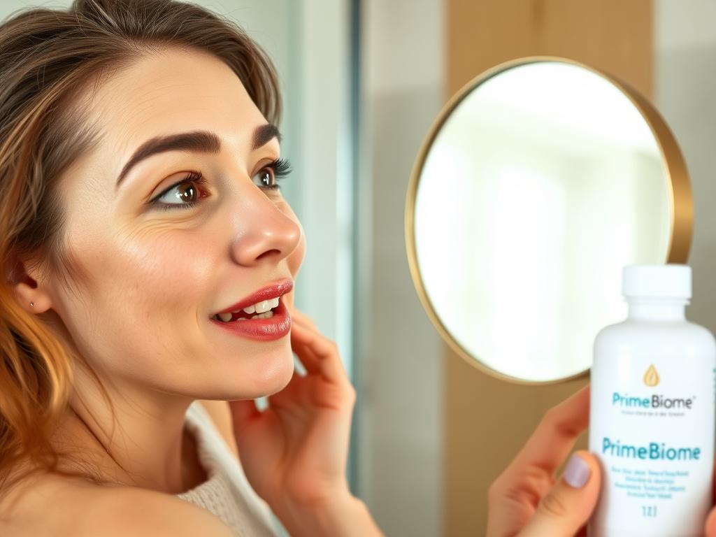 Woman with noticeably clearer skin examining her face in mirror Woman with noticeably clearer skin examining her face in mirror