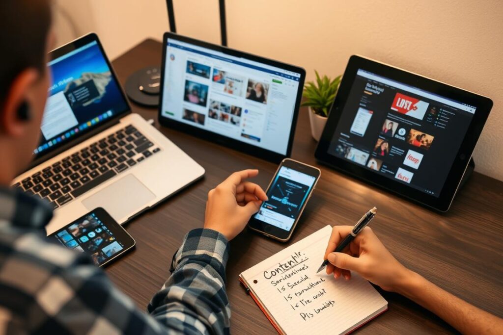 Creator implementing hook strategies at a desk with multiple devices showing content creation