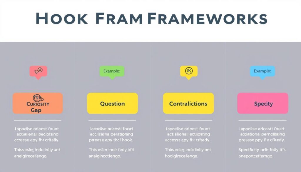 Visual representation of four content hook frameworks: curiosity gap, direct question, contradiction, and specificity
