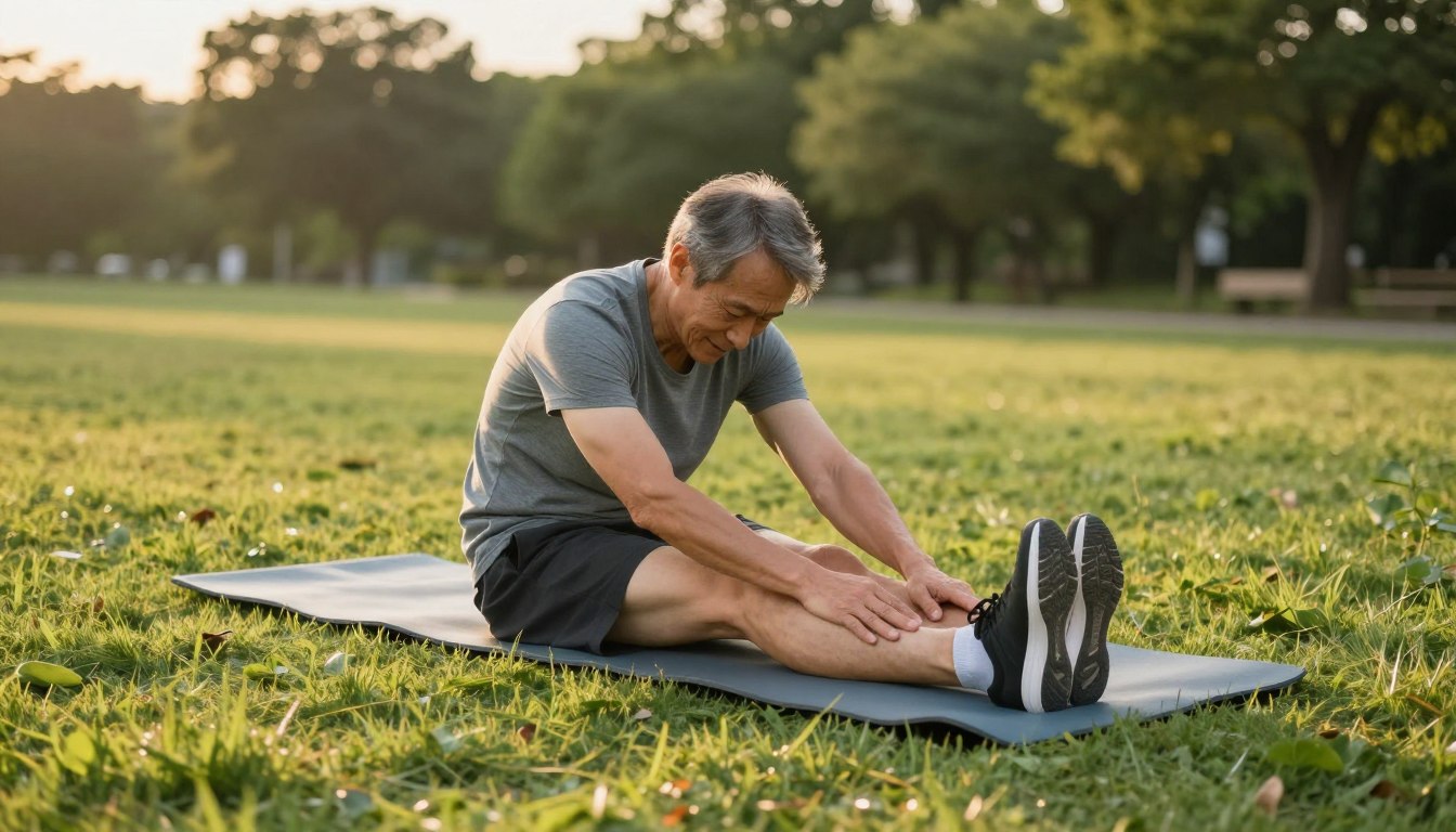Active adult over 40 stretching knee outdoors in morning sunlight