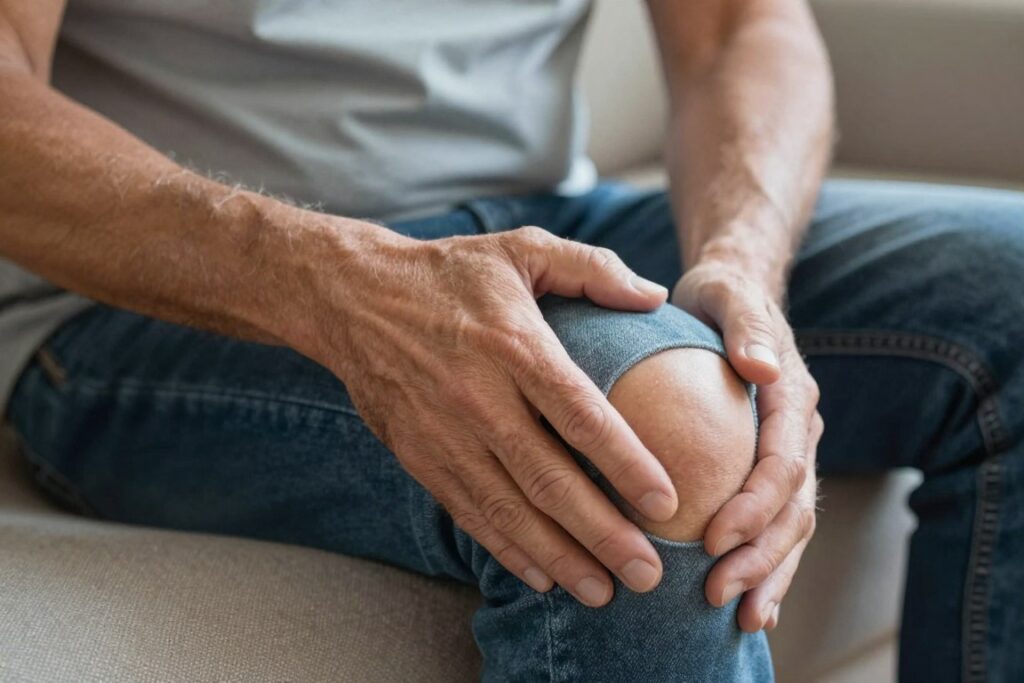 Close-up of person holding knee in discomfort while sitting