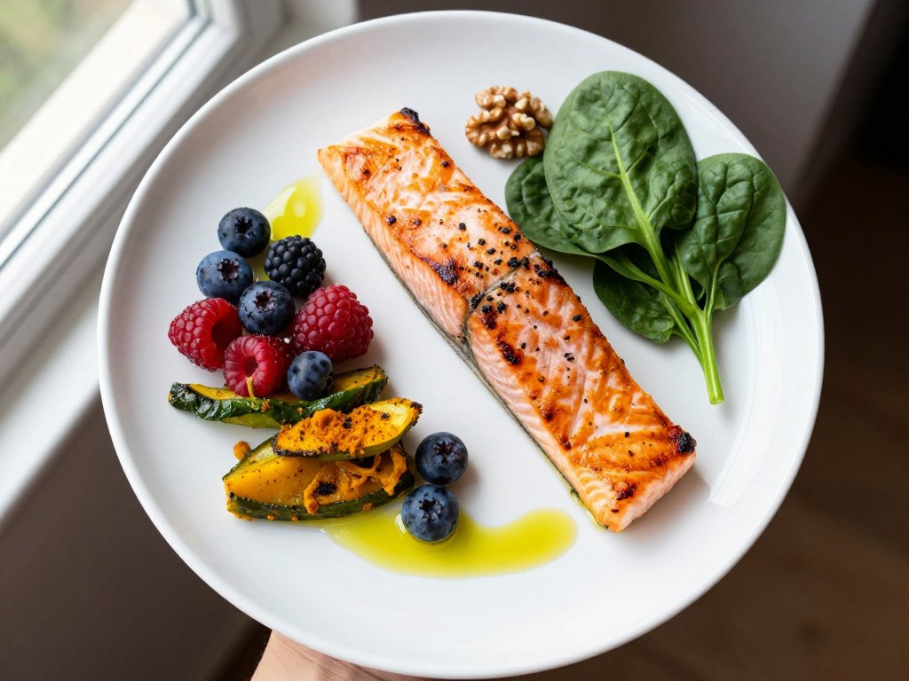 Colorful plate of anti-inflammatory foods beneficial for joints