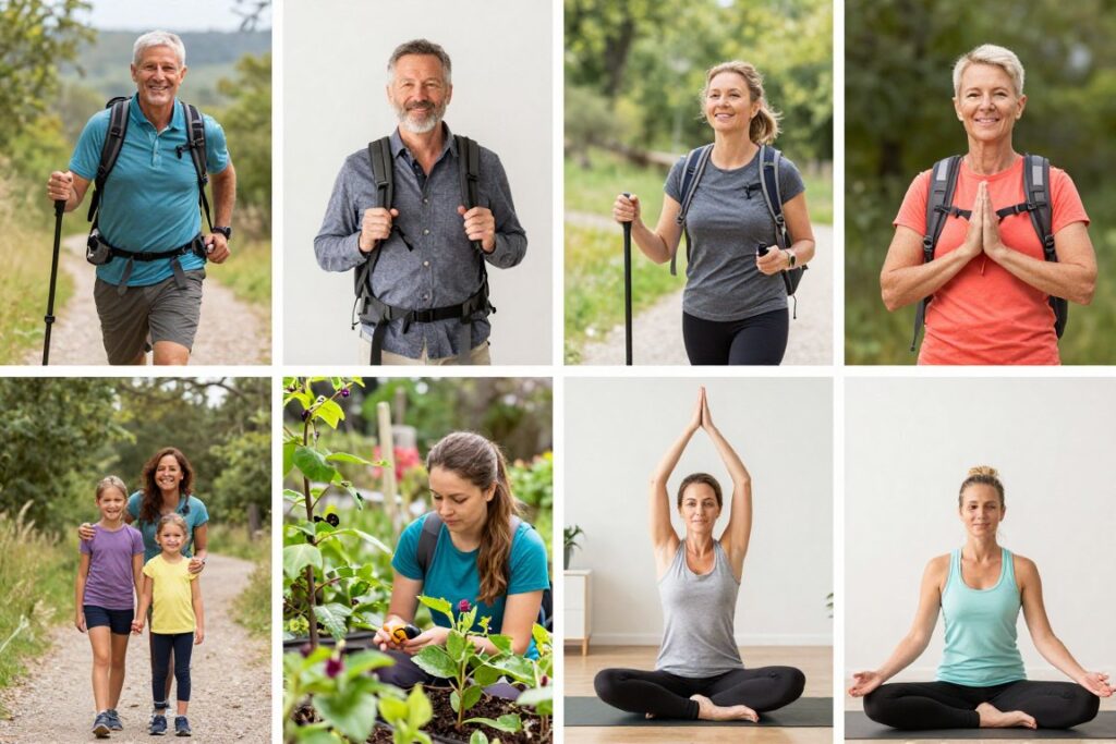 Diverse group of adults over 40 engaged in various physical activities