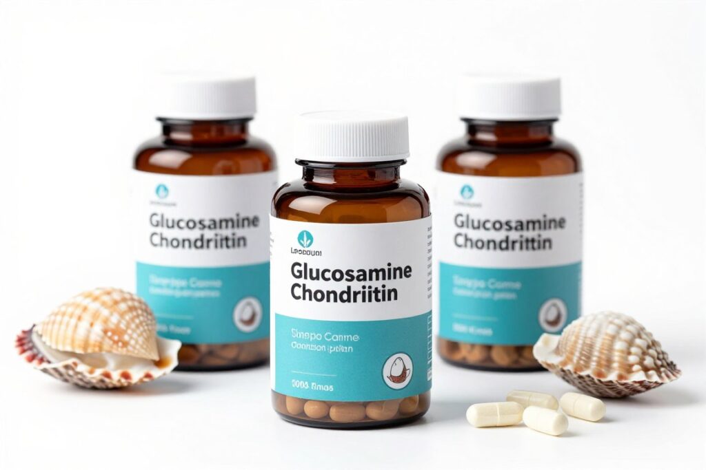 Glucosamine and chondroitin supplement bottles with natural sources