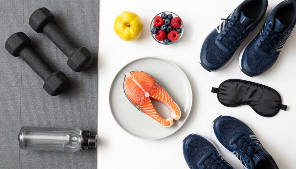 Healthy lifestyle elements for joint health including exercise, nutrition, and rest