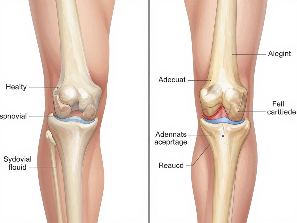 Medical illustration showing healthy knee joint versus aging knee joint with cartilage breakdown