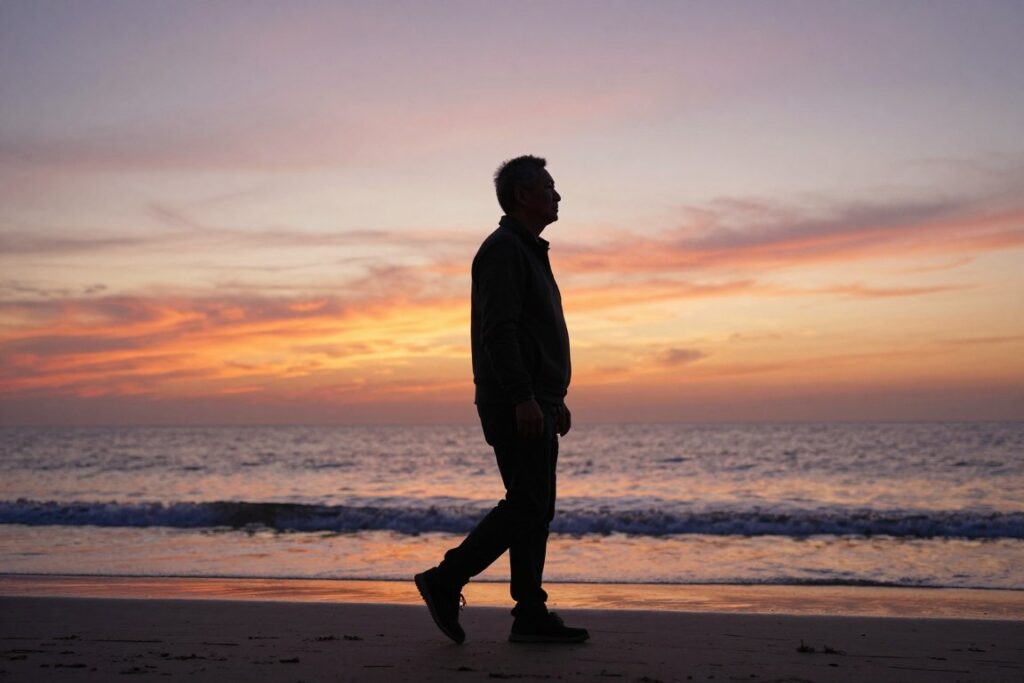 Peaceful image of mature adult walking confidently into sunset