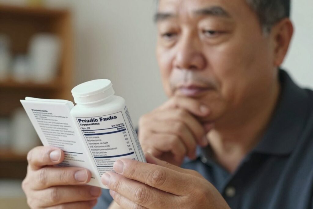 Person reading supplement label carefully