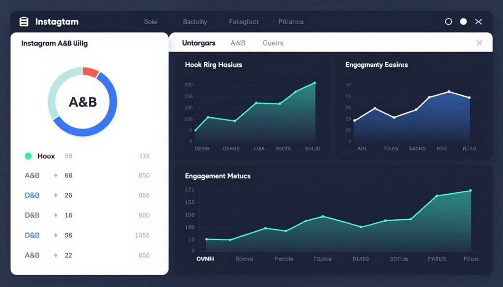 Advanced Instagram strategy concept showing analytics graphs, A/B testing results, and engagement metrics dashboard