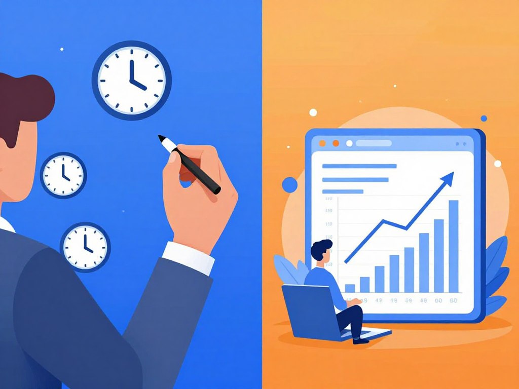 Comparison infographic showing time spent on manual hook writing versus AI-generated hooks with productivity metrics