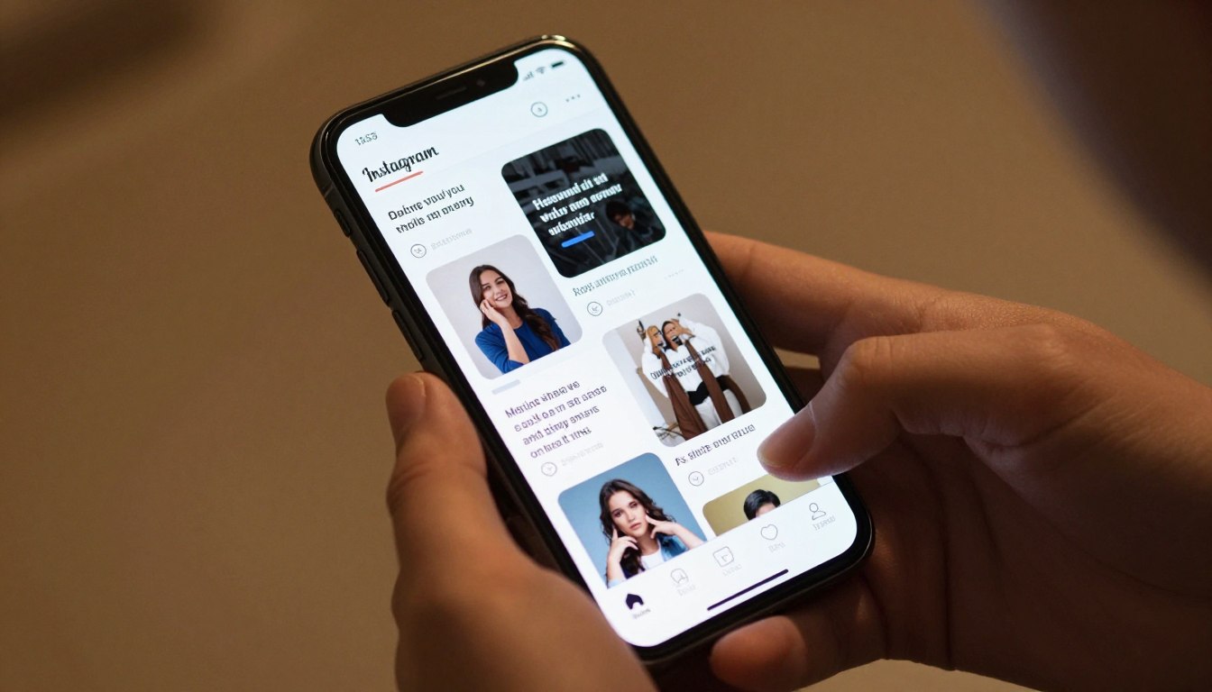 Person holding smartphone showing Instagram feed with engaging content hooks that stop users from scrolling