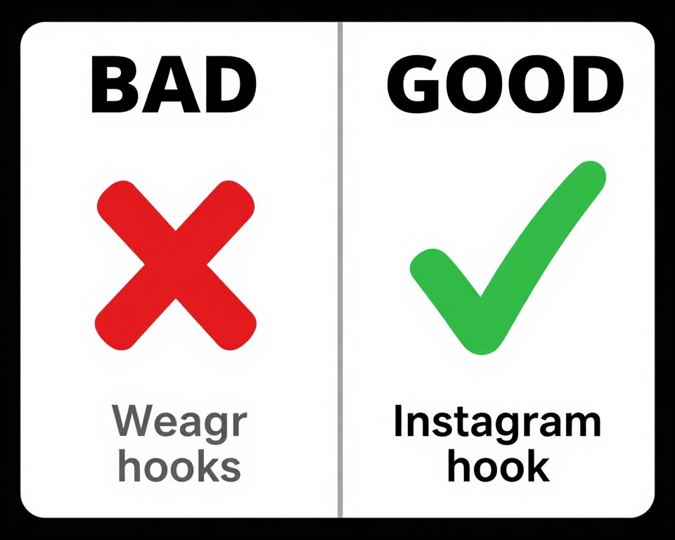 Side-by-side comparison of weak versus strong Instagram hooks highlighting common mistakes and corrections