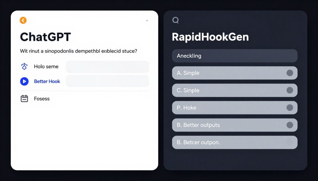 Side-by-side interface comparison of ChatGPT and RapidHookGen showing hook generation process and results