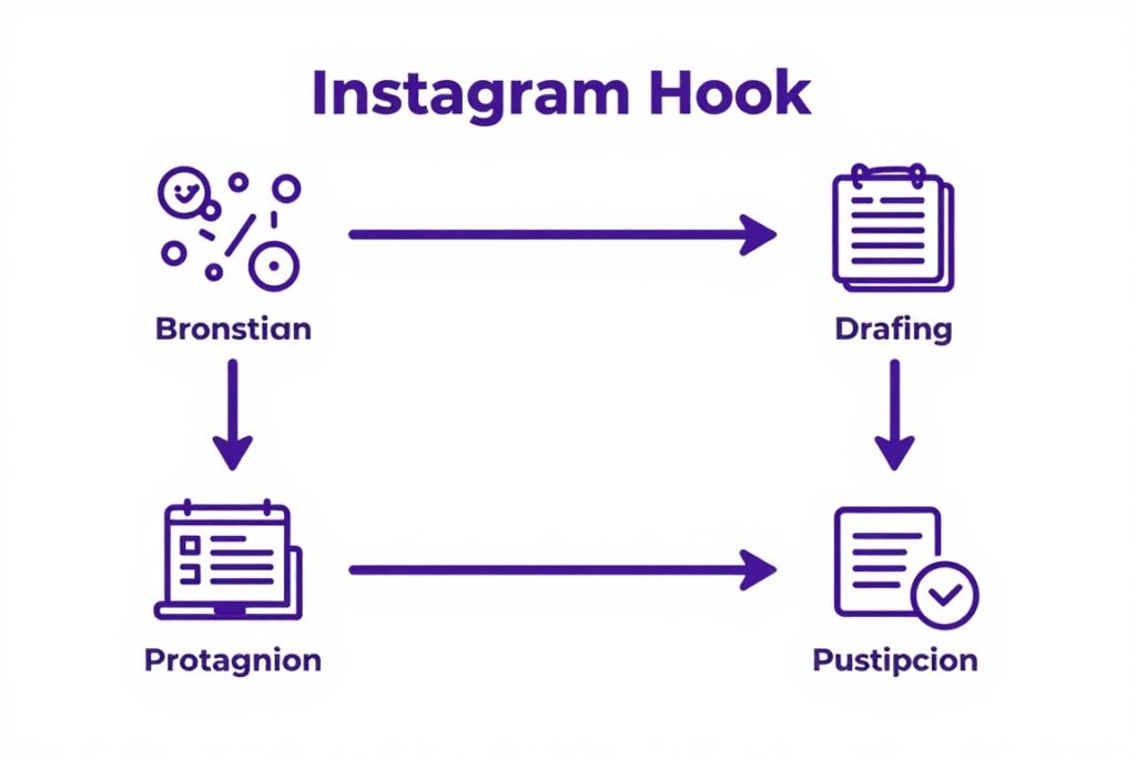 Step-by-step visual guide showing the process of writing an Instagram hook from brainstorming to final polished version