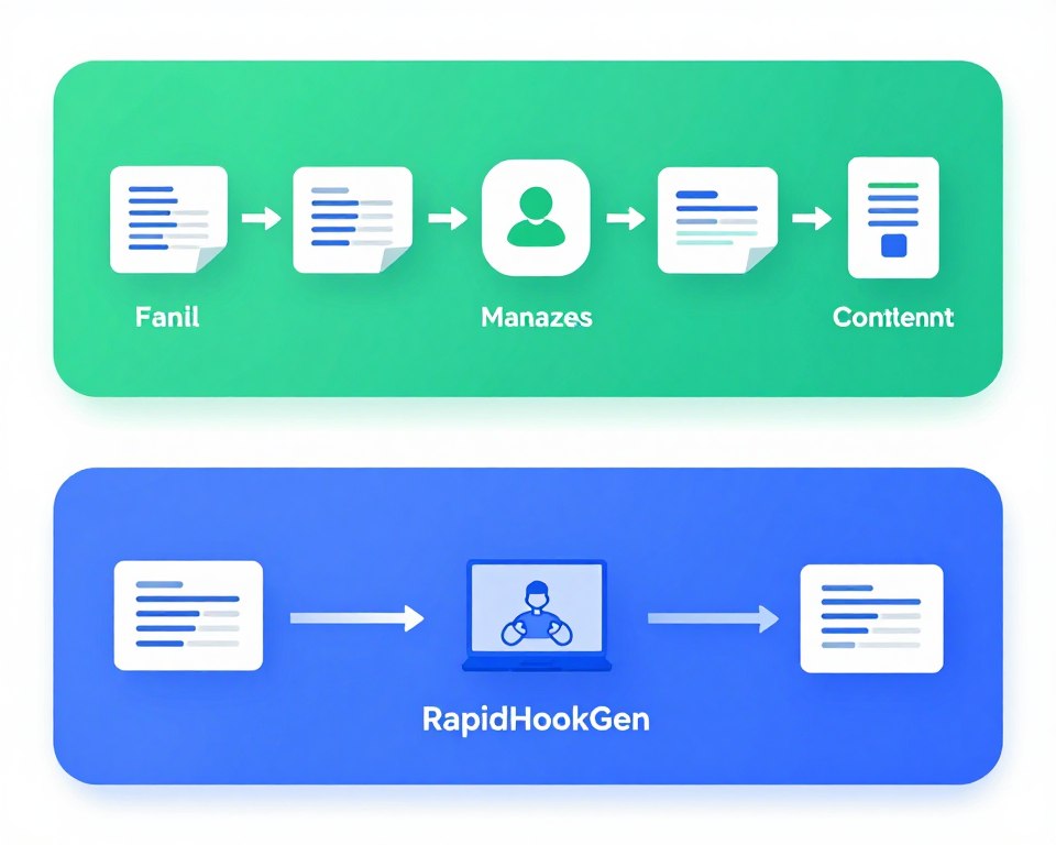 Workflow diagram comparing traditional content creation process versus streamlined AI hook generator workflow