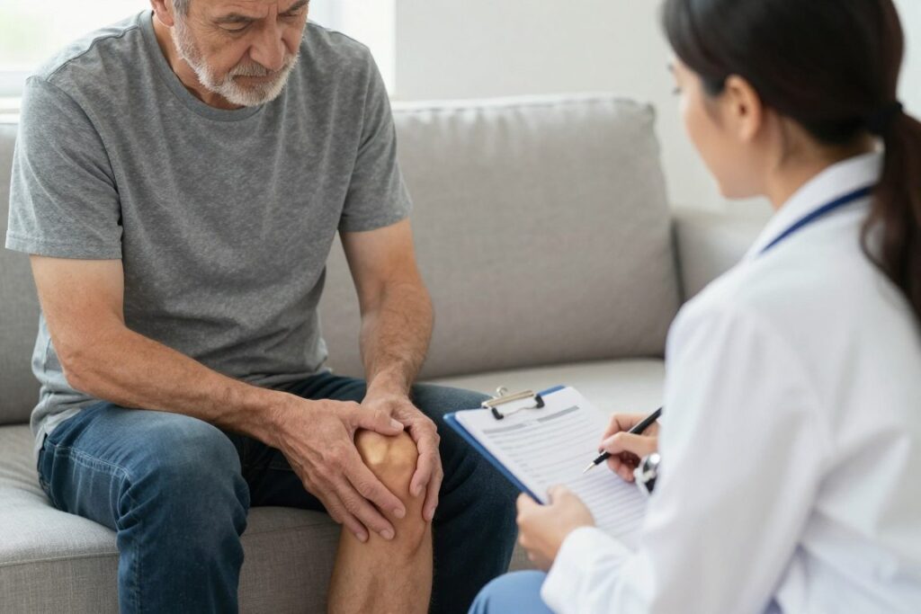 adult discussing knee stiffness factors with a clinician