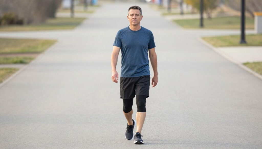 adult over 40 walking comfortably after taking safe movement breaks