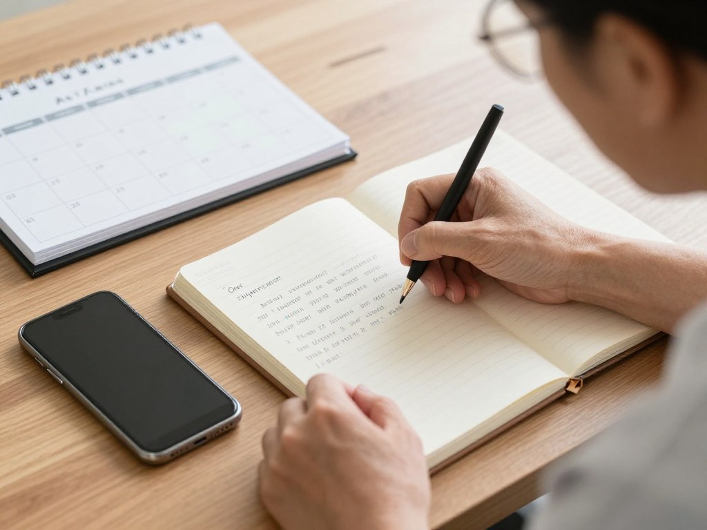 adult writing notes about knee stiffness symptoms before an appointment