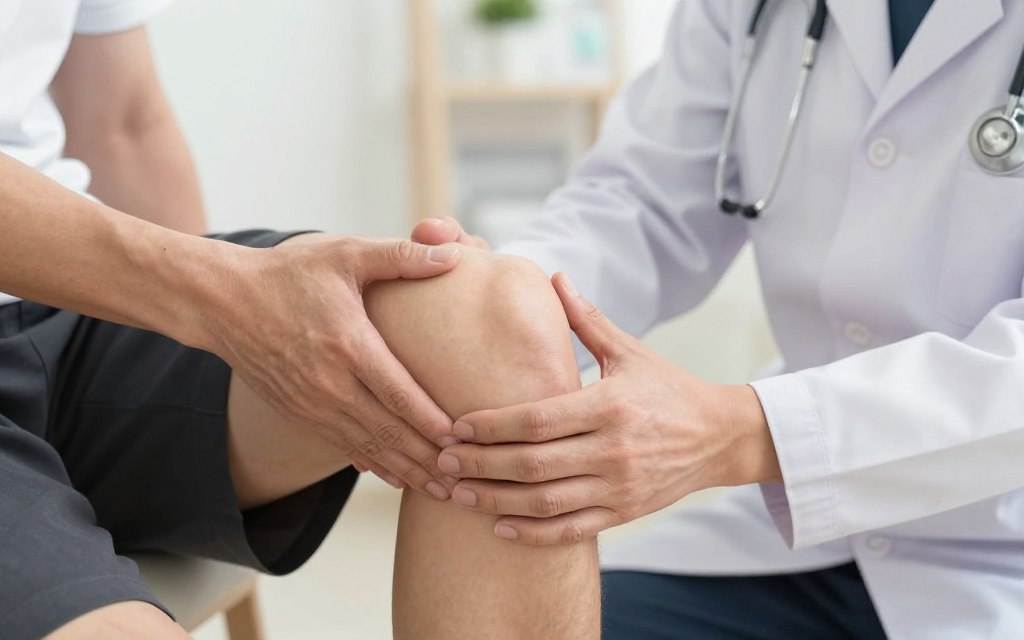 healthcare professional examining an adult knee for swelling and movement